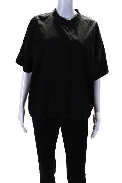 Vince Womens Short Sleeve Y Neck Poplin Top Blouse Black Size Large