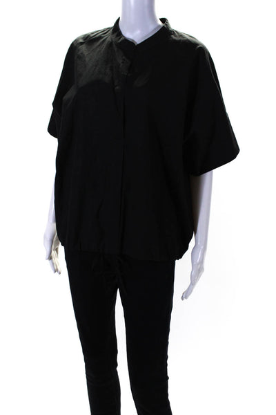 Vince Womens Short Sleeve Y Neck Poplin Top Blouse Black Size Large