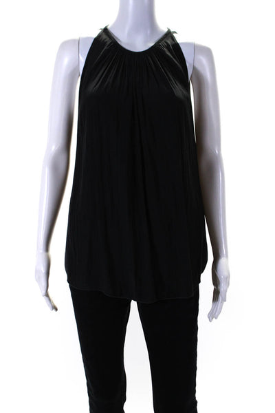 Designer Womens Plisse Satin Crew Neck Sleeveless Tank Top Blouse Black Medium