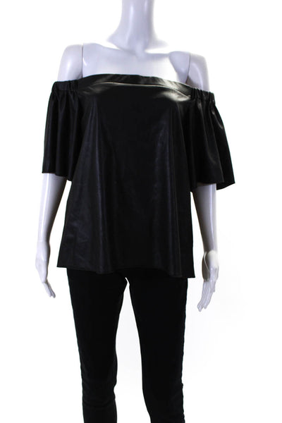 Bailey 44 Womens Faux Leather Off Shoulder Short Sleeve Top Blouse Black Large