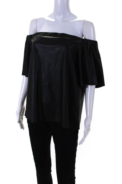 Bailey 44 Womens Faux Leather Off Shoulder Short Sleeve Top Blouse Black Large