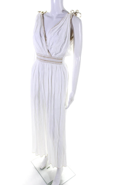 Callisi Womens Sleeveless V Neck Metallic Trim Wide Leg Jumpsuit White Size 1