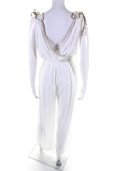 Callisi Womens Sleeveless V Neck Metallic Trim Wide Leg Jumpsuit White Size 1