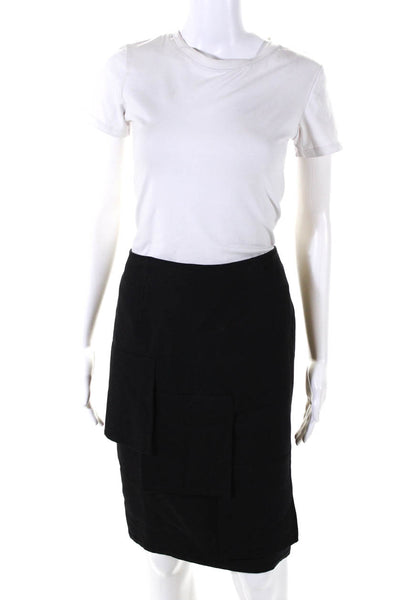 Valentino Womens Square Patch Knee Length Pencil Skirt Black Wool Size 6