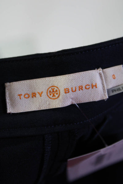 Tory Burch Womens Side Zip Mid Rise Straight Leg Pants Navy Blue Cotton Size 0
