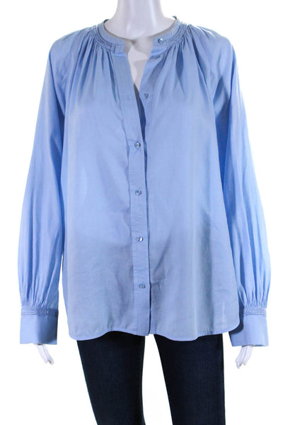 Vince Womens High Neck Long Sleeve Twill Button Up Shirt Blouse Light Blue Small