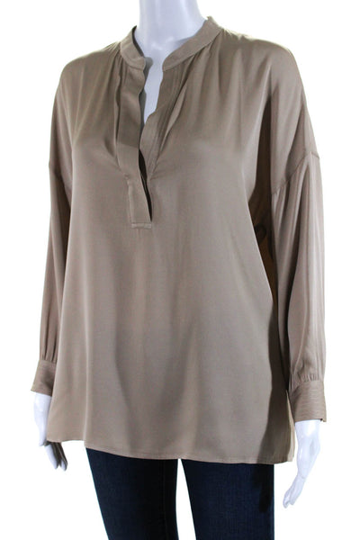 Vince Womens Y Neck 3/4 Sleeve Top Blouse Beige Silk Size Small