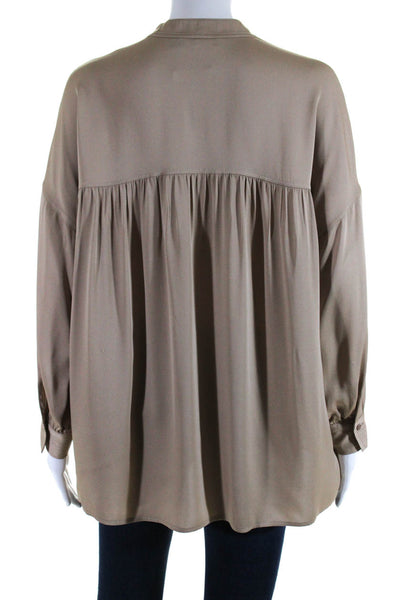 Vince Womens Y Neck 3/4 Sleeve Top Blouse Beige Silk Size Small