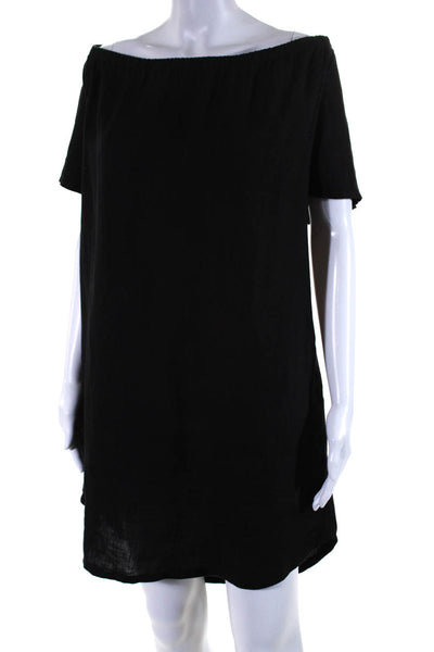 Allen Allen Womens Short Sleeve Off Shoulder Shift Dress Black Linen Size Medium