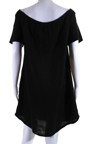 Allen Allen Womens Short Sleeve Off Shoulder Shift Dress Black Linen Size Medium
