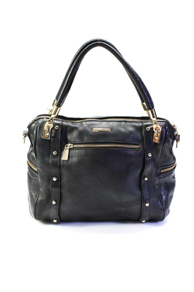 Rebecca Minkoff Womens Zip Top Studded Strap Shoulder Handbag Black Leather