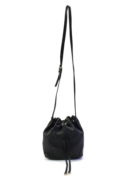 Barneys New York Womens Small Leather Drawstring Crossbody Bucket Handbag Black
