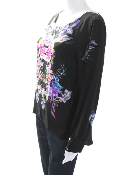 Amanda Uprichard Womens Silk Floral Long Sleeve Pullover Blouse Top Black Size M