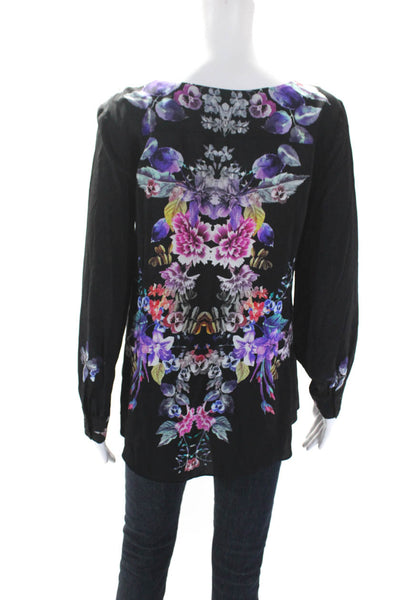 Amanda Uprichard Womens Silk Floral Long Sleeve Pullover Blouse Top Black Size M