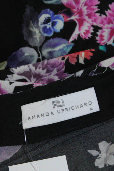 Amanda Uprichard Womens Silk Floral Long Sleeve Pullover Blouse Top Black Size M