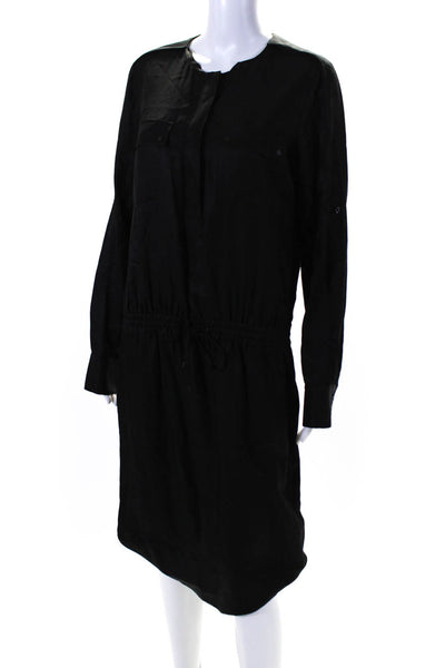 Vince Womens Long Sleeve Satin Twill Drawstring Sheath Shirt Dress Black Medium