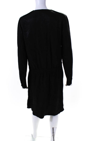 Vince Womens Long Sleeve Satin Twill Drawstring Sheath Shirt Dress Black Medium