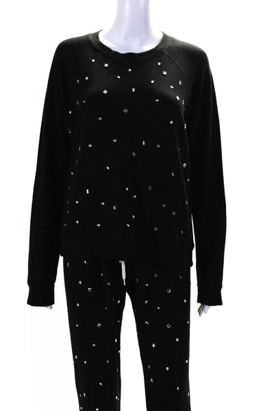 Monrow Womens Crystal Embellished Crewneck Sweatshirt Pants Suit Black Size S