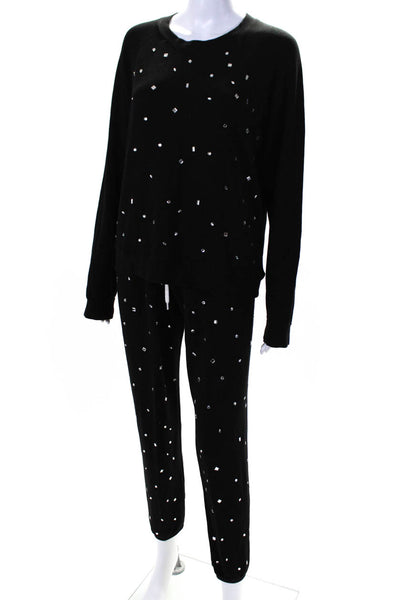 Monrow Womens Crystal Embellished Crewneck Sweatshirt Pants Suit Black Size S