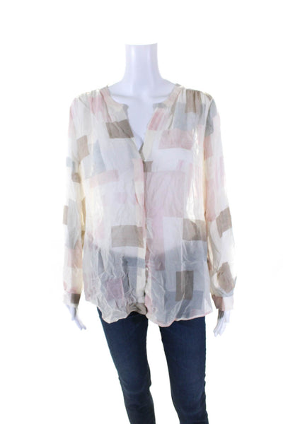 Joie Womens Sheer Silk V-Neck Long Sleeve Button Up Blouse Top Beige Size M