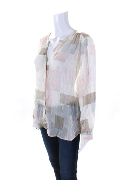 Joie Womens Sheer Silk V-Neck Long Sleeve Button Up Blouse Top Beige Size M