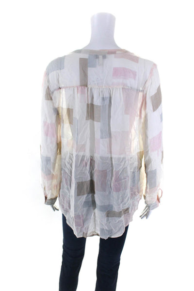 Joie Womens Sheer Silk V-Neck Long Sleeve Button Up Blouse Top Beige Size M