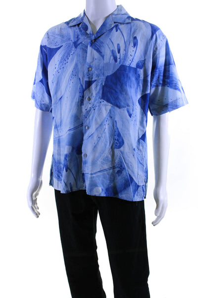 Kenzo Mens Abstract Print Button Down Shirt Blue Cotton Size 3