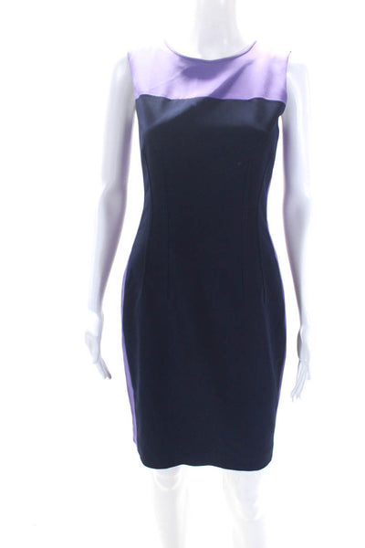 Elie Tahari Womens Navy/Purple Crew Neck Zip Back Sleeveless Shift Dress Size 2