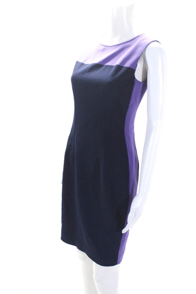 Elie Tahari Womens Navy/Purple Crew Neck Zip Back Sleeveless Shift Dress Size 2