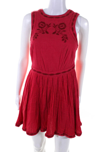 Free People Womens Cotton Floral Embroidery Lined Mini A-Line Dress Red Size 0