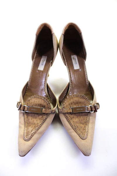Prada Womens Canvas Apron Pointed Toe Mid Heel D'Orsay Pumps Brown Size 8.5US