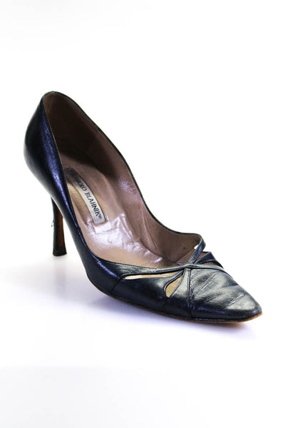 Manolo Blahnik Womens Leather Pointed Cut Out Toe High Heel Pumps Navy Size 8.5