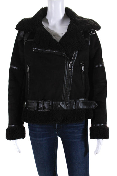 Zara Womens Asymmetrical Faux Shearling Coat Jacket Black Size Extra Small