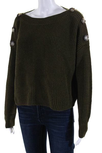 525 America Womens Boat Neck Shoulder Button Crop Sweater Olive Green Size XS