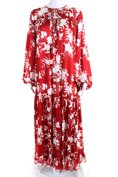 Johanna Ortiz x H&M Womens Satin Floral Long Sleeve Midi Dress Red White Medium