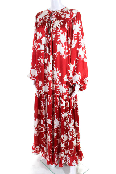 Johanna Ortiz x H&M Womens Satin Floral Long Sleeve Midi Dress Red White Medium