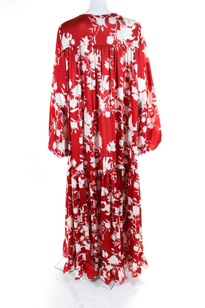 Johanna Ortiz x H&M Womens Satin Floral Long Sleeve Midi Dress Red White Medium