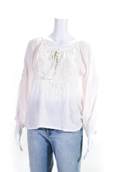 Perle By Lola Womes Embroidered Long Sleeves Blouse Pink Cotton Size Small