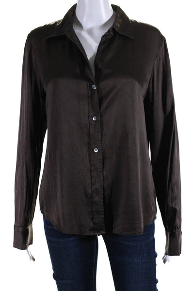 Theory Womens Silk Collared Long Sleeve Button Up Blouse Top Brown Size L