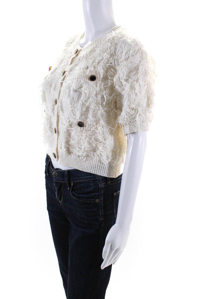 Adorable Womens Fuzzy Knit Button Up Short Sleeve Cardigan Sweater White Size S