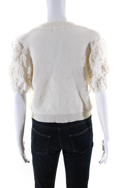 Adorable Womens Fuzzy Knit Button Up Short Sleeve Cardigan Sweater White Size S