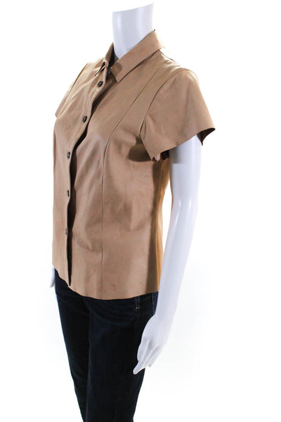 DROMe Womens Leather Collared Short Sleeve Button Up Blouse Top Beige Size S