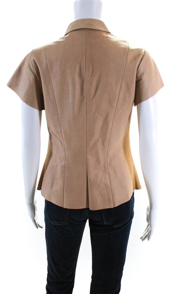 DROMe Womens Leather Collared Short Sleeve Button Up Blouse Top Beige Size S