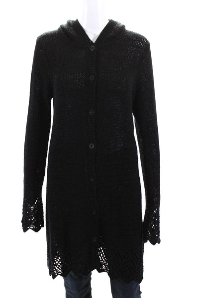 BCBGMAXAZRIA Womens Open Knit Button Down Hooded Sweater Cardigan Black Size XL