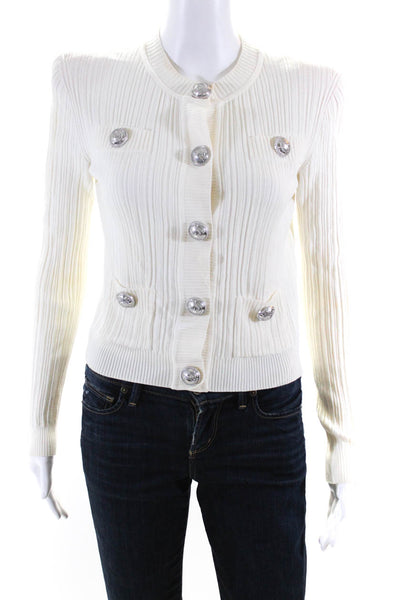 Balmain Womens White Ribbed Button Embellished Long Sleeve Light Jacket Size 36