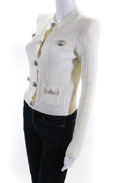 Balmain Womens White Ribbed Button Embellished Long Sleeve Light Jacket Size 36