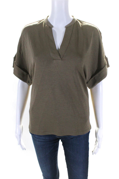 Theory Womens Jersey Knit Short Sleeve V-Neck Top Shirt Olive Green Size S