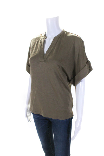 Theory Womens Jersey Knit Short Sleeve V-Neck Top Shirt Olive Green Size S