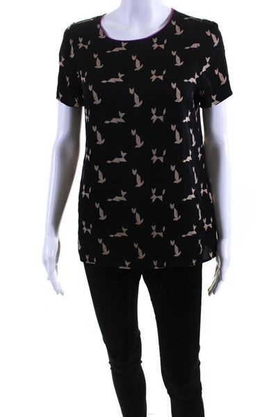 Piamita Womens Black Printed Crew Neck Short Sleeve Blouse Top Size XS