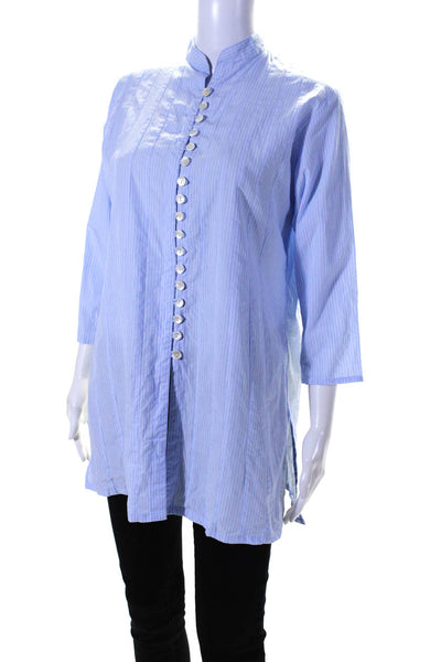 Kemble Womens Striped High Neck Long Sleeve Button Up Blouse Top Blue Size S